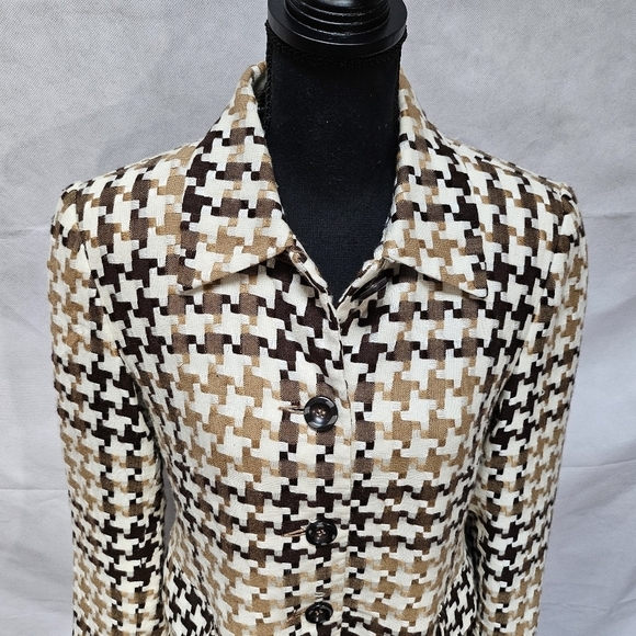 Worthington Vintage Cream Browns Houndstooth Tailored Mini Trench Coat Size 10 - Picture 3 of 9